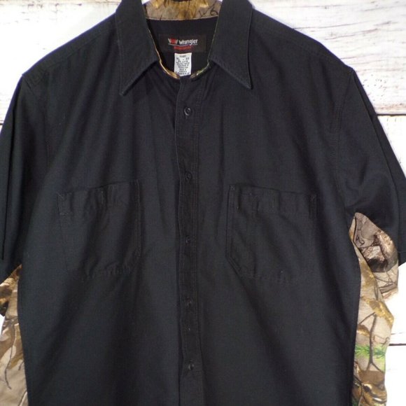 Wrangler WORKWEAR REALTREE Black/Camo Canvas Short Sleeve Work Shirt Men's XL - Picture 1 of 7